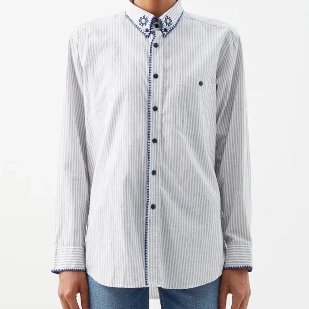 Re/Done UPCYCLED EMBROIDERED STRIPED COTTON SHIRT IN WHITE Small - Picture 2 of 7